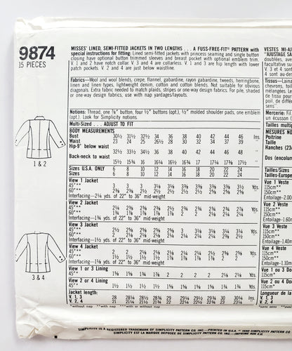 SIMPLICITY Sewing Pattern 9874, Jacket, Lined, Semi-Fitted, Size 10-18
