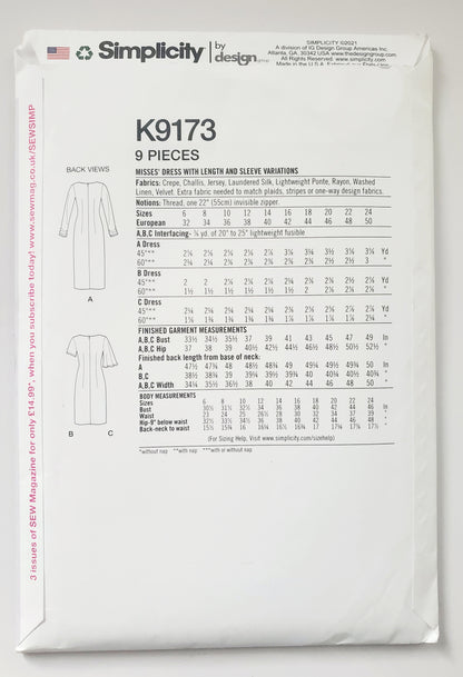 SIMPLICITY Sewing Pattern K9173, Dress, Slit, Sleeve Variations, Size 6-14