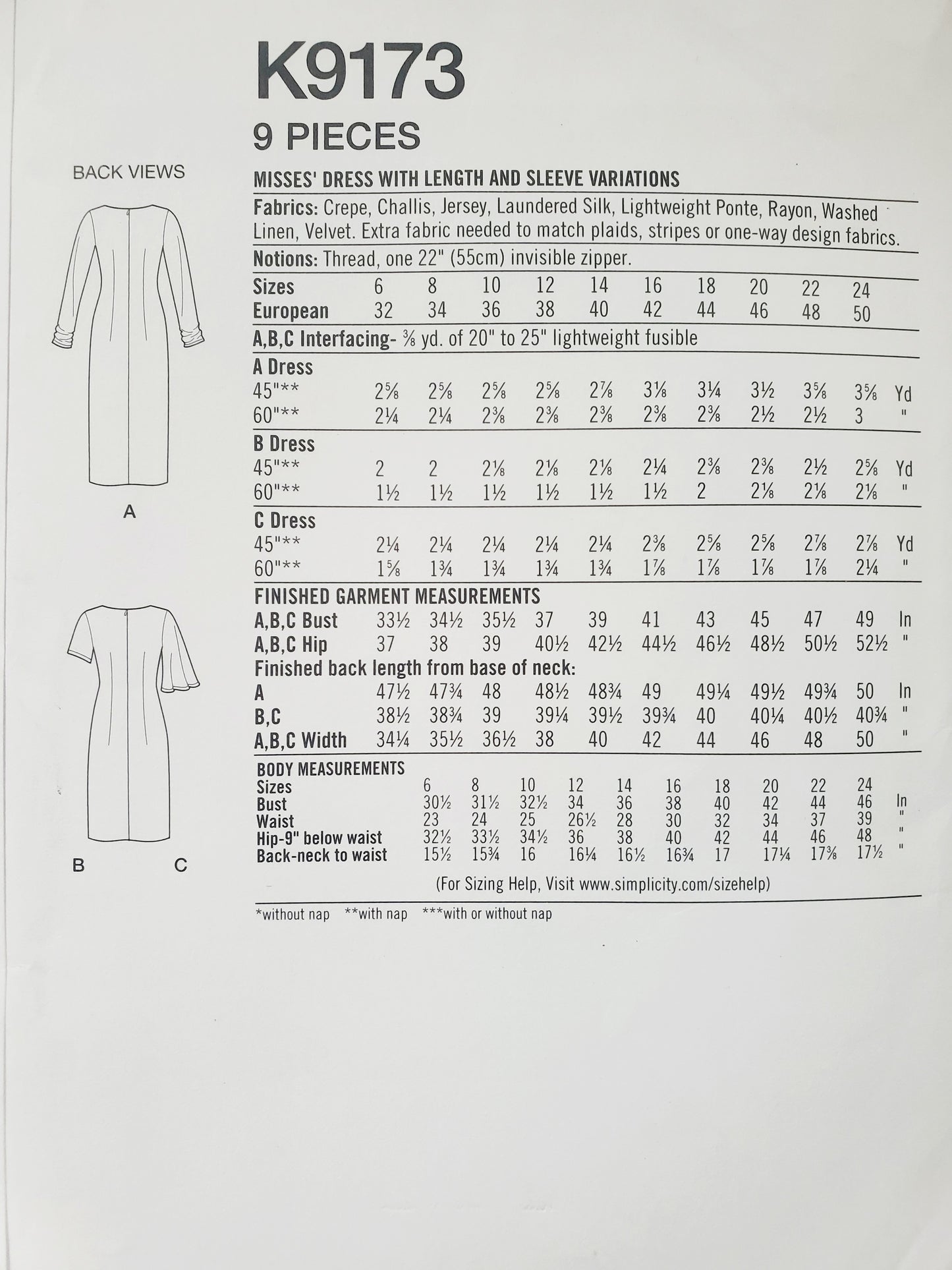 SIMPLICITY Sewing Pattern K9173, Dress, Slit, Sleeve Variations, Size 6-14