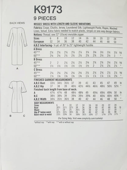 SIMPLICITY Sewing Pattern K9173, Dress, Slit, Sleeve Variations, Size 6-14
