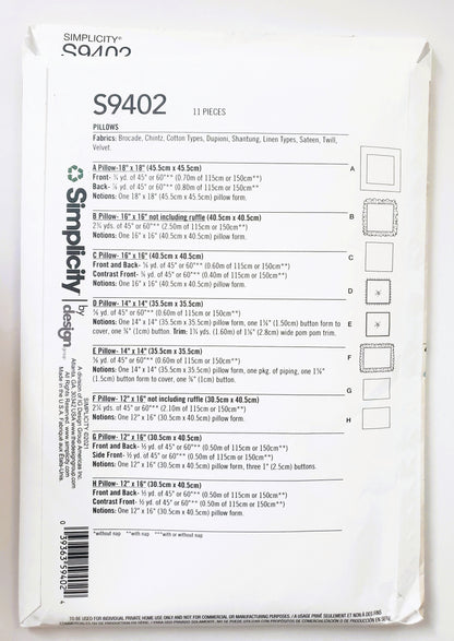 SIMPLICITY Sewing Pattern S9402, Pillows, Eight Variations