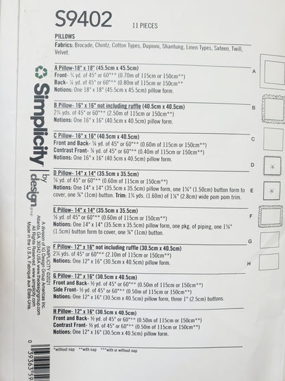 SIMPLICITY Sewing Pattern S9402, Pillows, Eight Variations