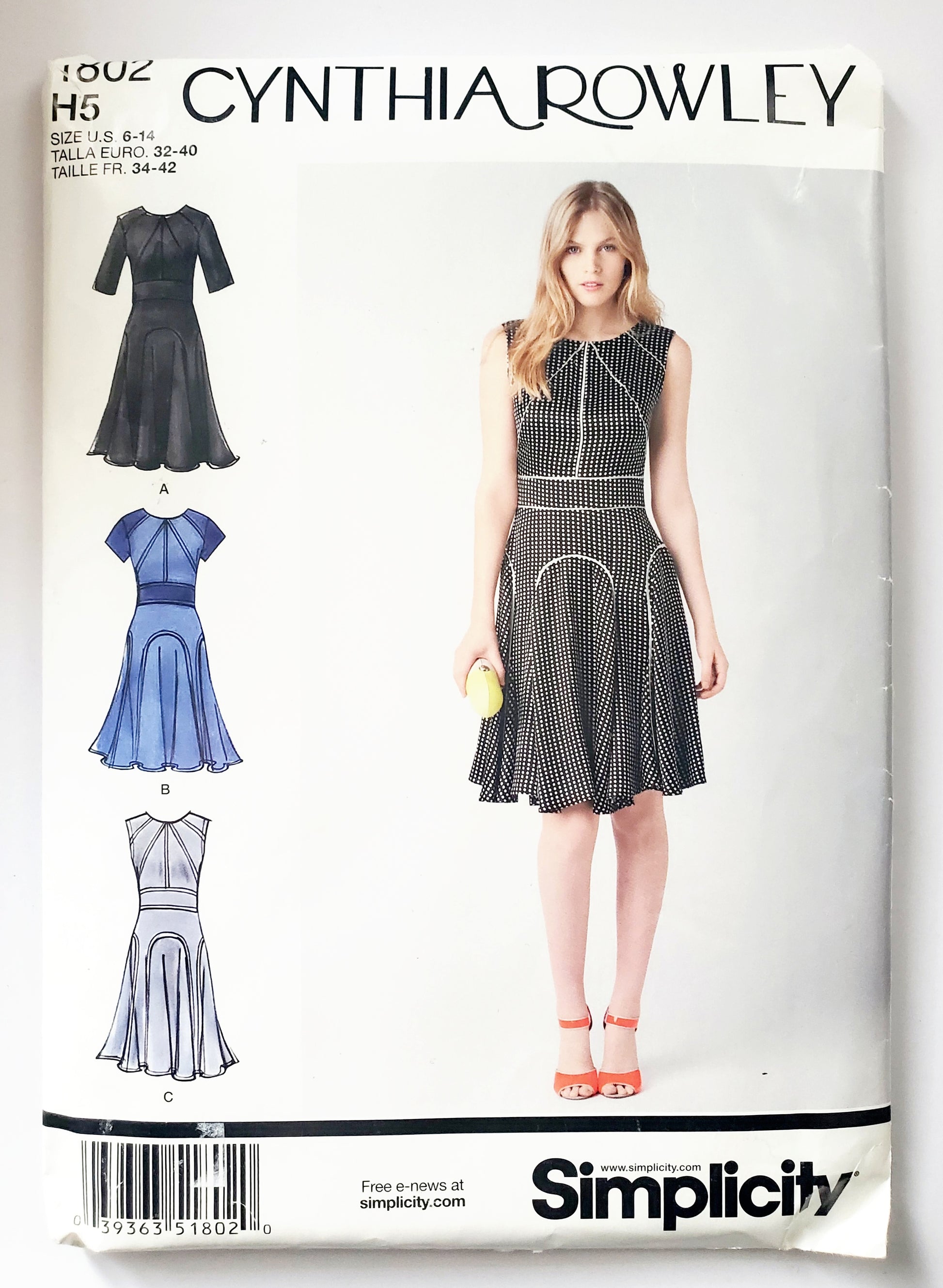 Cynthia Rowley dress pattern packaging with a model wearing the dress.