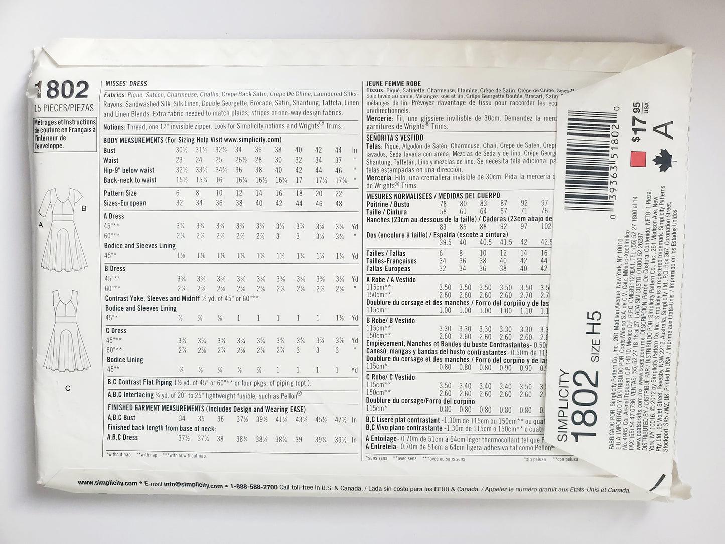 SIMPLICITY Sewing Pattern 1802 Dress with Structured Bodice & Seam Lines, Flared Skirt with Panels SIZE 6-14