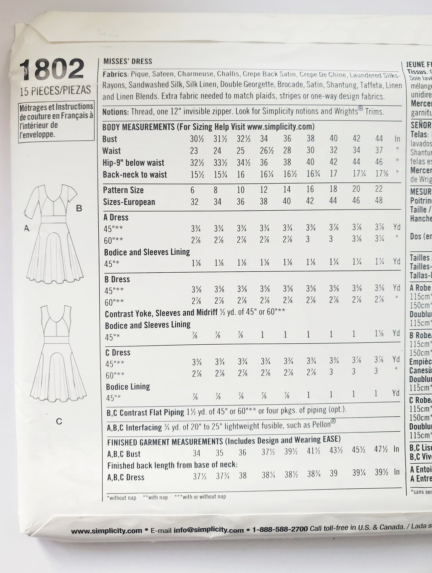 SIMPLICITY Sewing Pattern 1802 Dress with Structured Bodice & Seam Lines, Flared Skirt with Panels SIZE 6-14