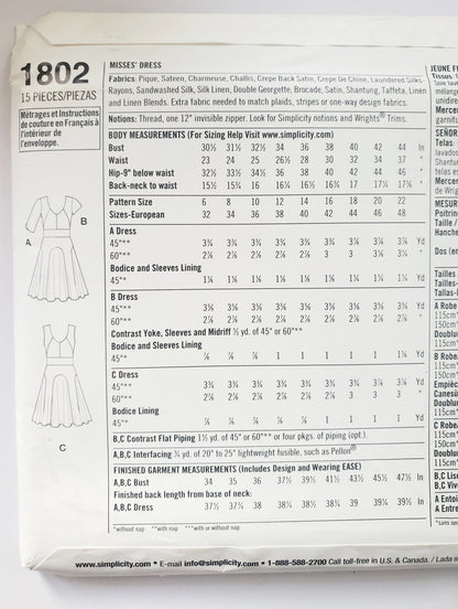 SIMPLICITY Sewing Pattern 1802 Dress with Structured Bodice & Seam Lines, Flared Skirt with Panels SIZE 6-14