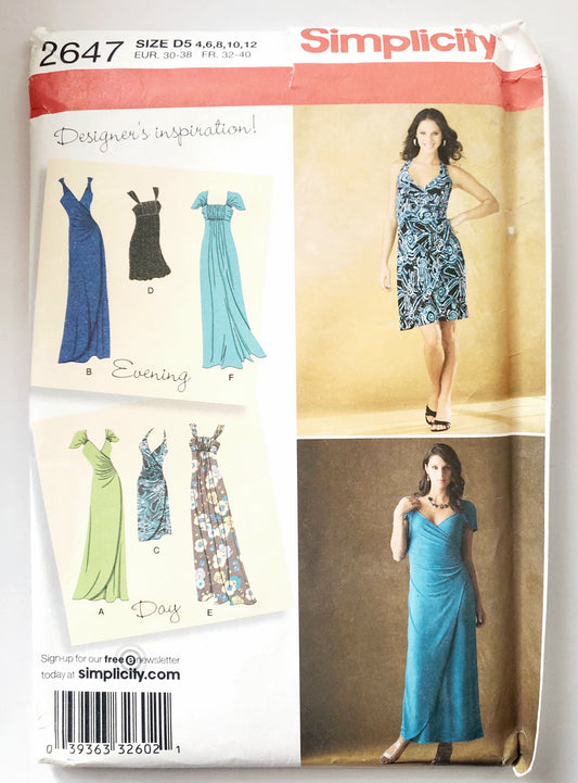 SIMPLICITY Sewing Pattern 2647, Designer Dress, Evening Dress, Day Dress, Size 4-12