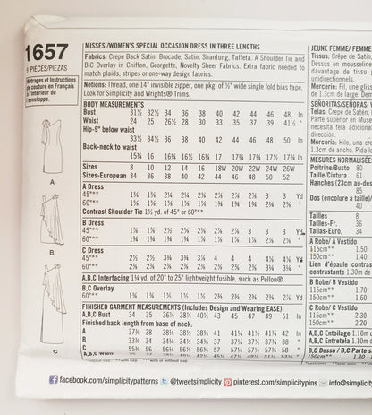 SIMPLICITY Sewing Pattern 1657 Special Occasion Dress SIZE 8-16