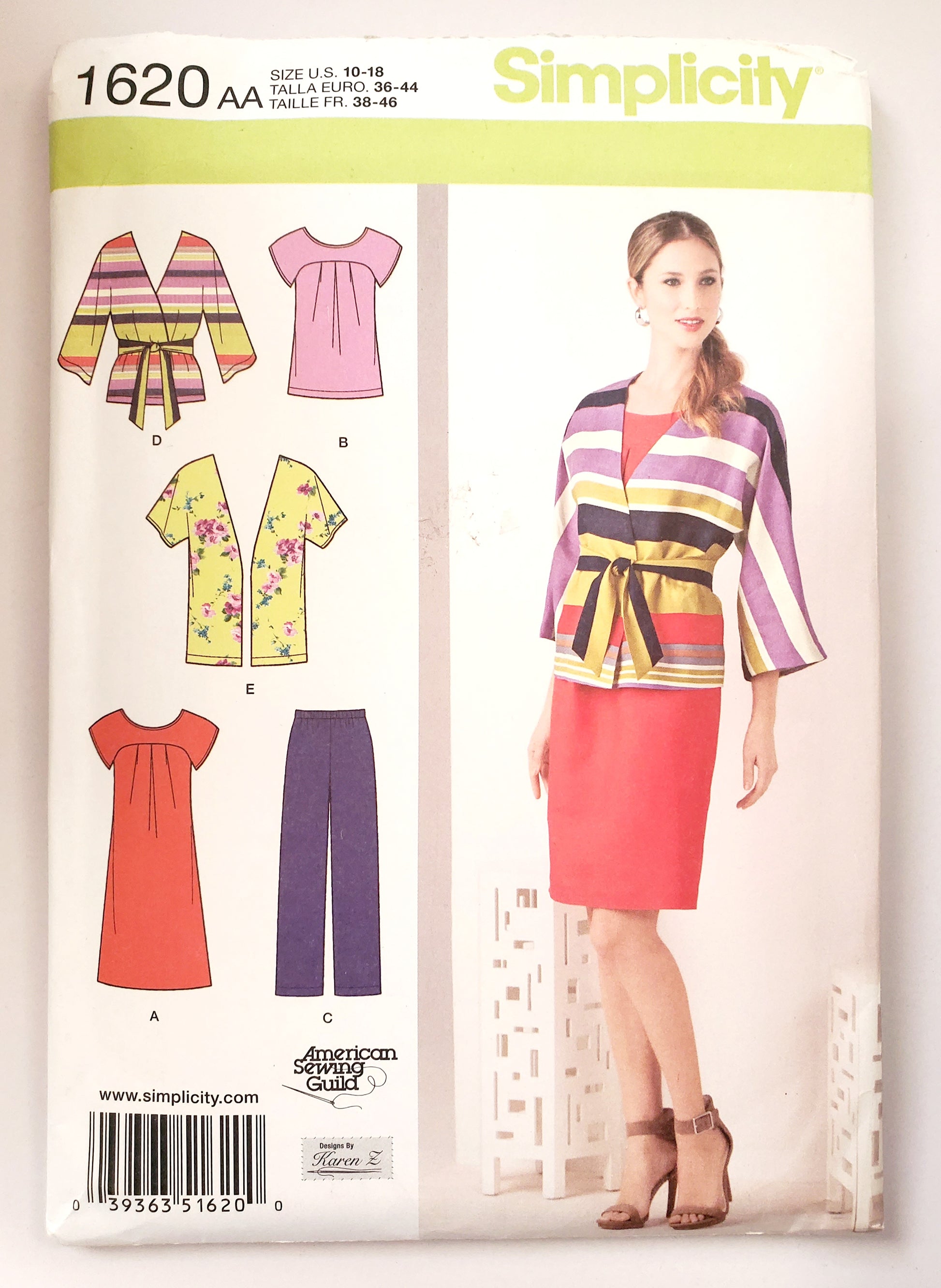 SIMPLICITY Sewing Pattern 1620 Top or Tunic, Pants, Jacket, Tie Belt SIZE 10-18