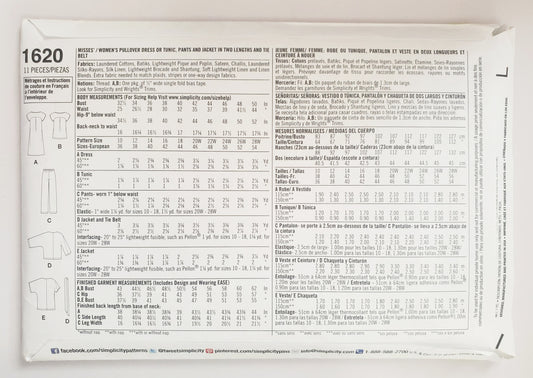 SIMPLICITY Sewing Pattern 1620 Top or Tunic, Pants, Jacket, Tie Belt SIZE 10-18
