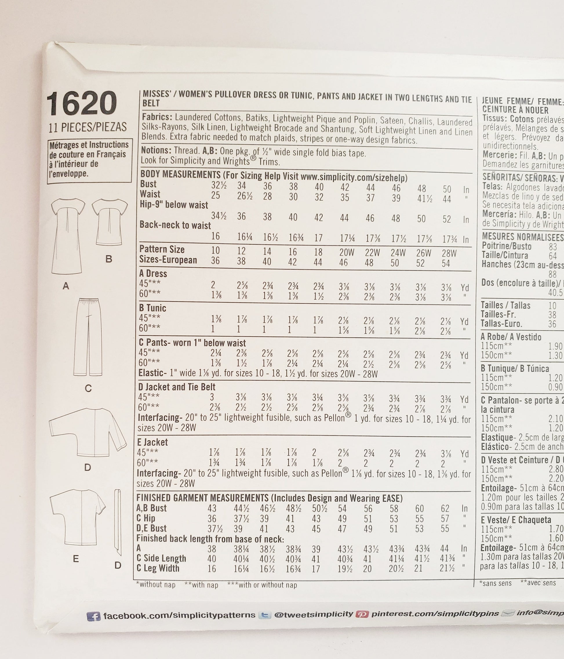 Back of sewing pattern simplicity 1620