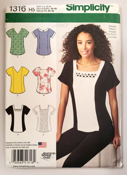 Model wearing Simplicity 1316 top with square neckline, part of printed sewing pattern for sizes 6–14