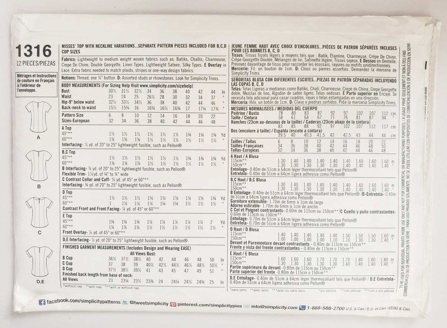 SIMPLICITY Sewing Pattern 1316 Tops with Neckline Variations/ SIZE 6-14