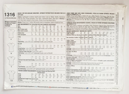 SIMPLICITY Sewing Pattern 1316 Tops with Neckline Variations/ SIZE 6-14