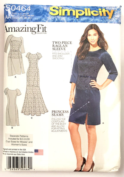 SIMPLICITY Sewing Pattern S0464, Dress, Amazing Fit, Lace Overlay, Size 10-18