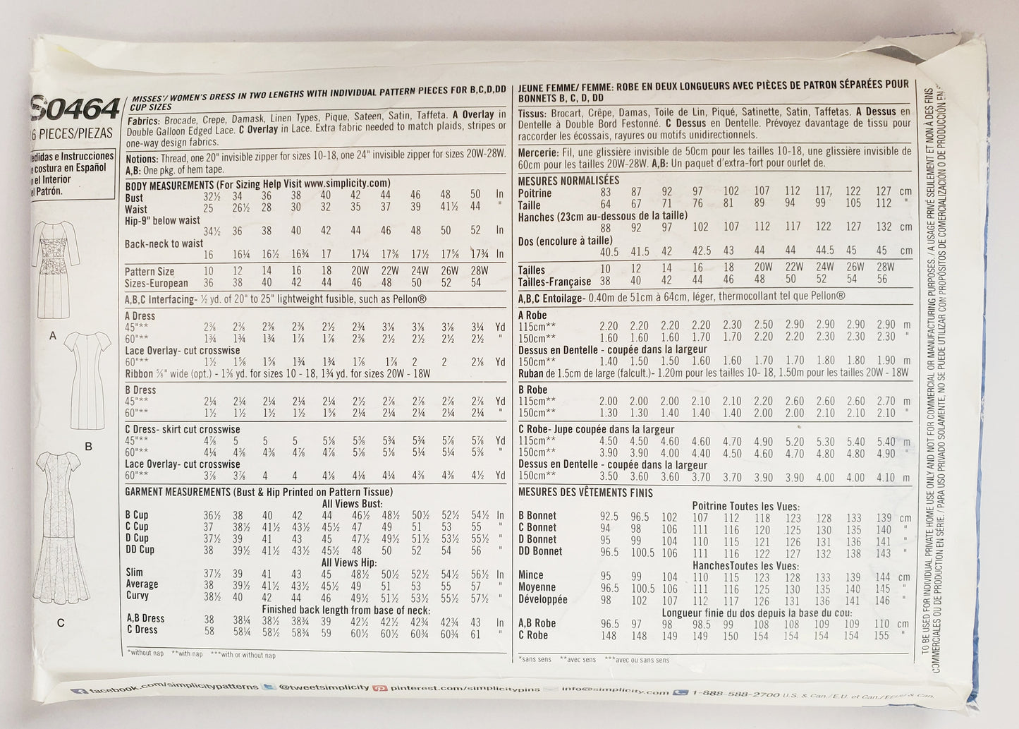 SIMPLICITY Sewing Pattern S0464, Dress, Amazing Fit, Lace Overlay, Size 10-18