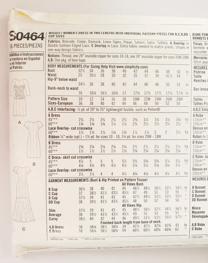 SIMPLICITY Sewing Pattern S0464, Dress, Amazing Fit, Lace Overlay, Size 10-18