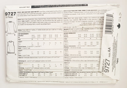 SIMPLICITY Sewing Pattern 9727, Unisex, Men's, Women's, Teens, Jacket & Vest, Ribbed Knit Collar, Unlined Jacket, Size XS-M