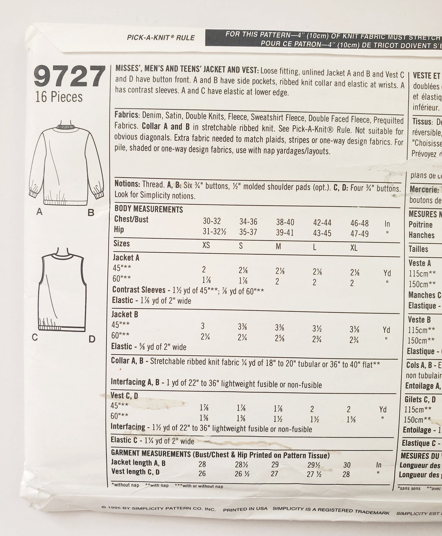 SIMPLICITY Sewing Pattern 9727, Unisex, Men's, Women's, Teens, Jacket & Vest, Ribbed Knit Collar, Unlined Jacket, Size XS-M