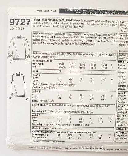 SIMPLICITY Sewing Pattern 9727, Unisex, Men's, Women's, Teens, Jacket & Vest, Ribbed Knit Collar, Unlined Jacket, Size XS-M