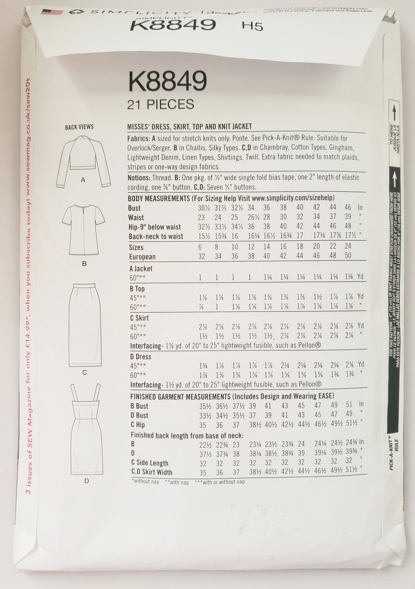SIMPLICITY Sewing Pattern K8849, Dress, Skirt, Top, Jacket, Size 6-14
