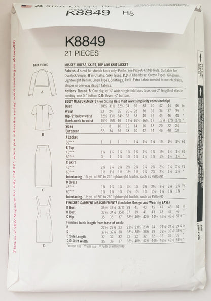 SIMPLICITY Sewing Pattern K8849, Dress, Skirt, Top, Jacket, Size 6-14