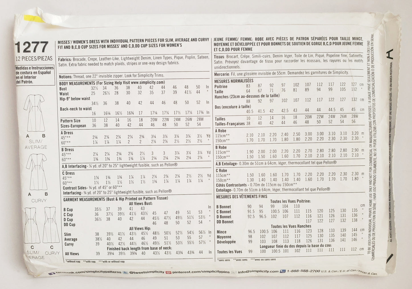 SIMPLICITY Sewing Pattern 1277 Dress with Hidden Pockets and Side Insets/ Amazing Fit Collection SIZE 10-18