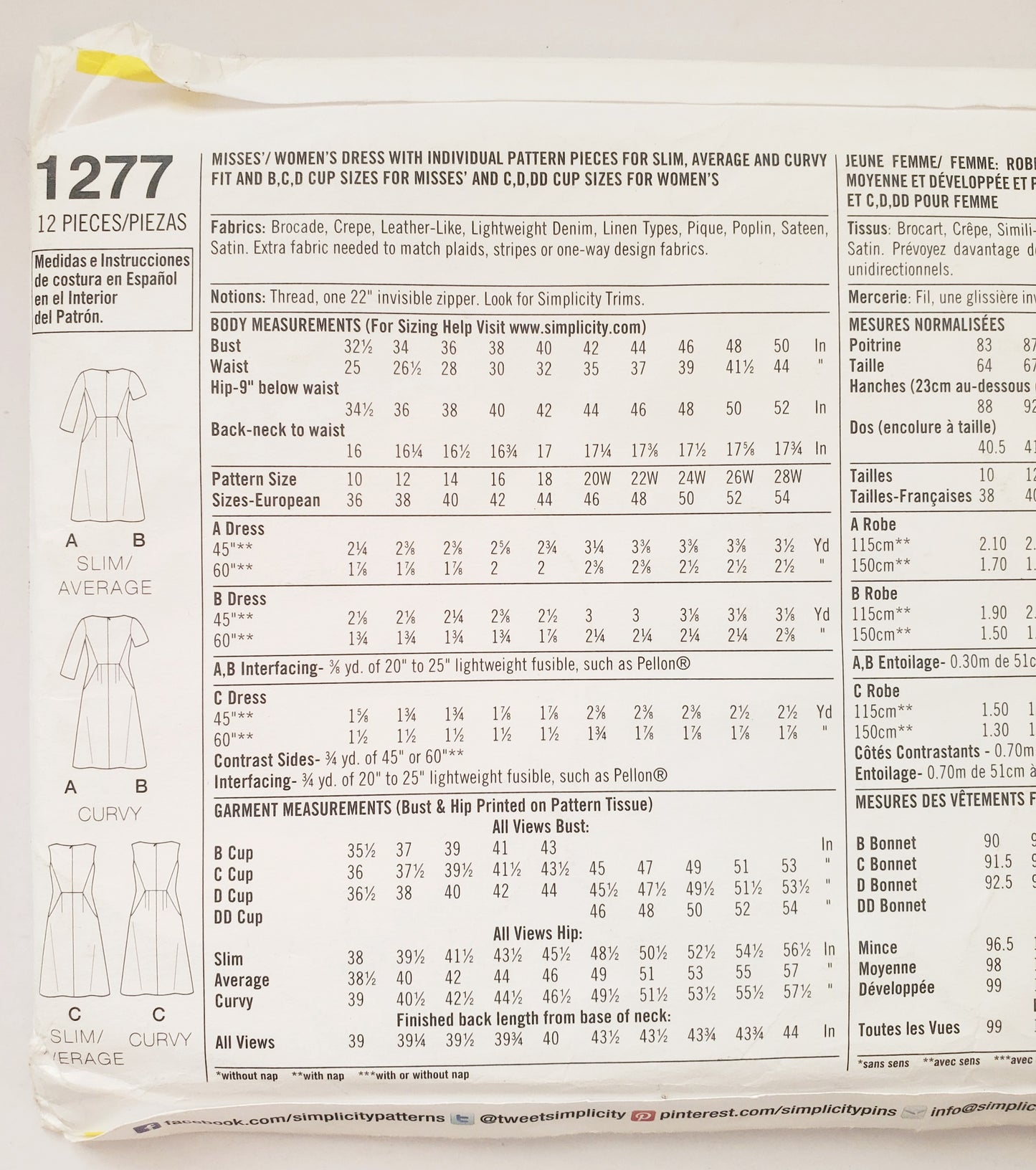 SIMPLICITY Sewing Pattern 1277 Dress with Hidden Pockets and Side Insets/ Amazing Fit Collection SIZE 10-18