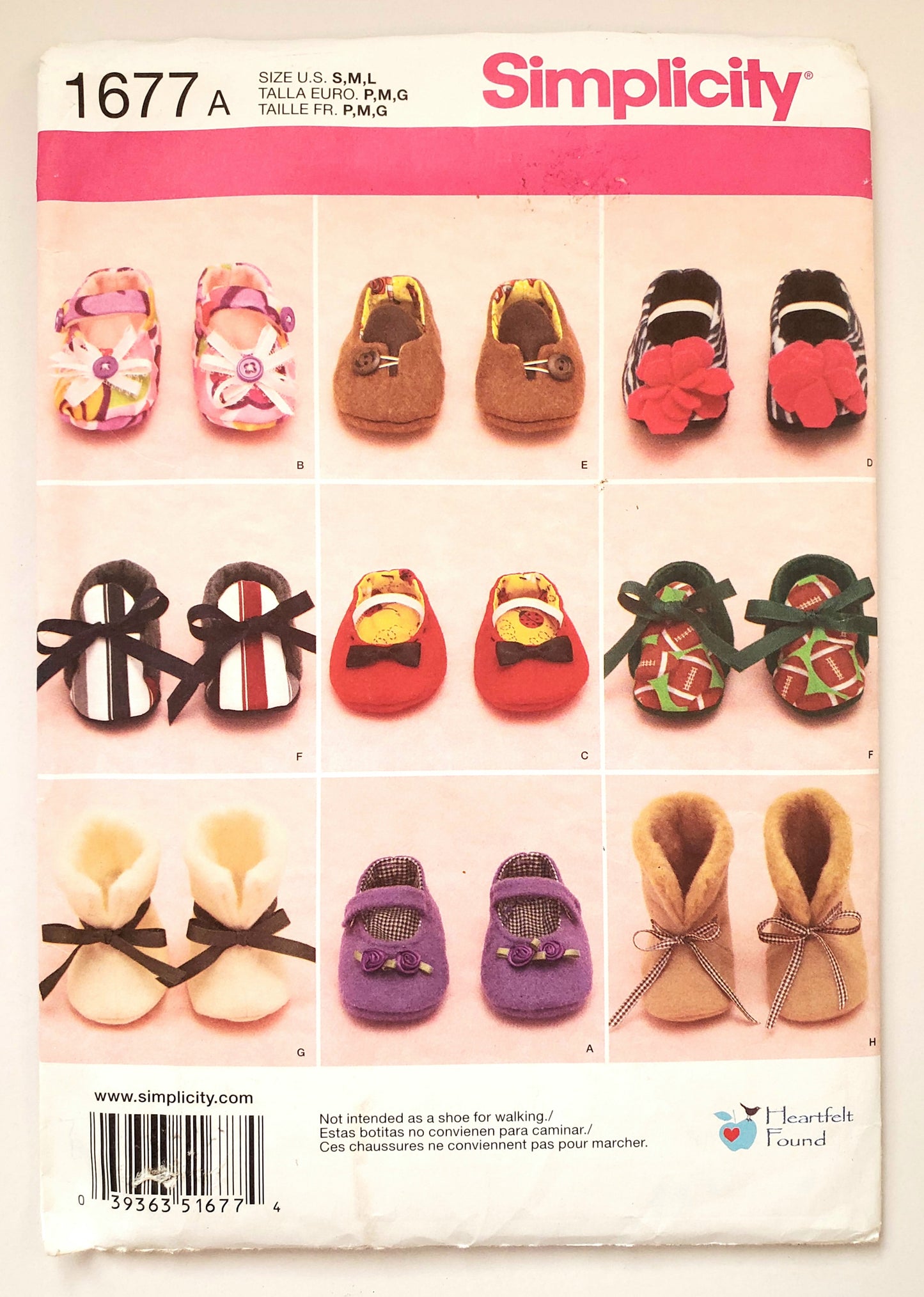 SIMPLICITY Sewing Pattern 1677 Felt, Cotton, Fleece Baby Shoes. Baby SIZE S, M, L