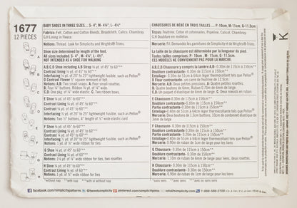 SIMPLICITY Sewing Pattern 1677 Felt, Cotton, Fleece Baby Shoes. Baby SIZE S, M, L