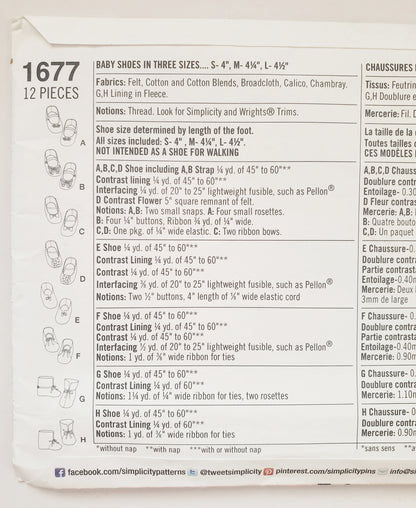 SIMPLICITY Sewing Pattern 1677 Felt, Cotton, Fleece Baby Shoes. Baby SIZE S, M, L
