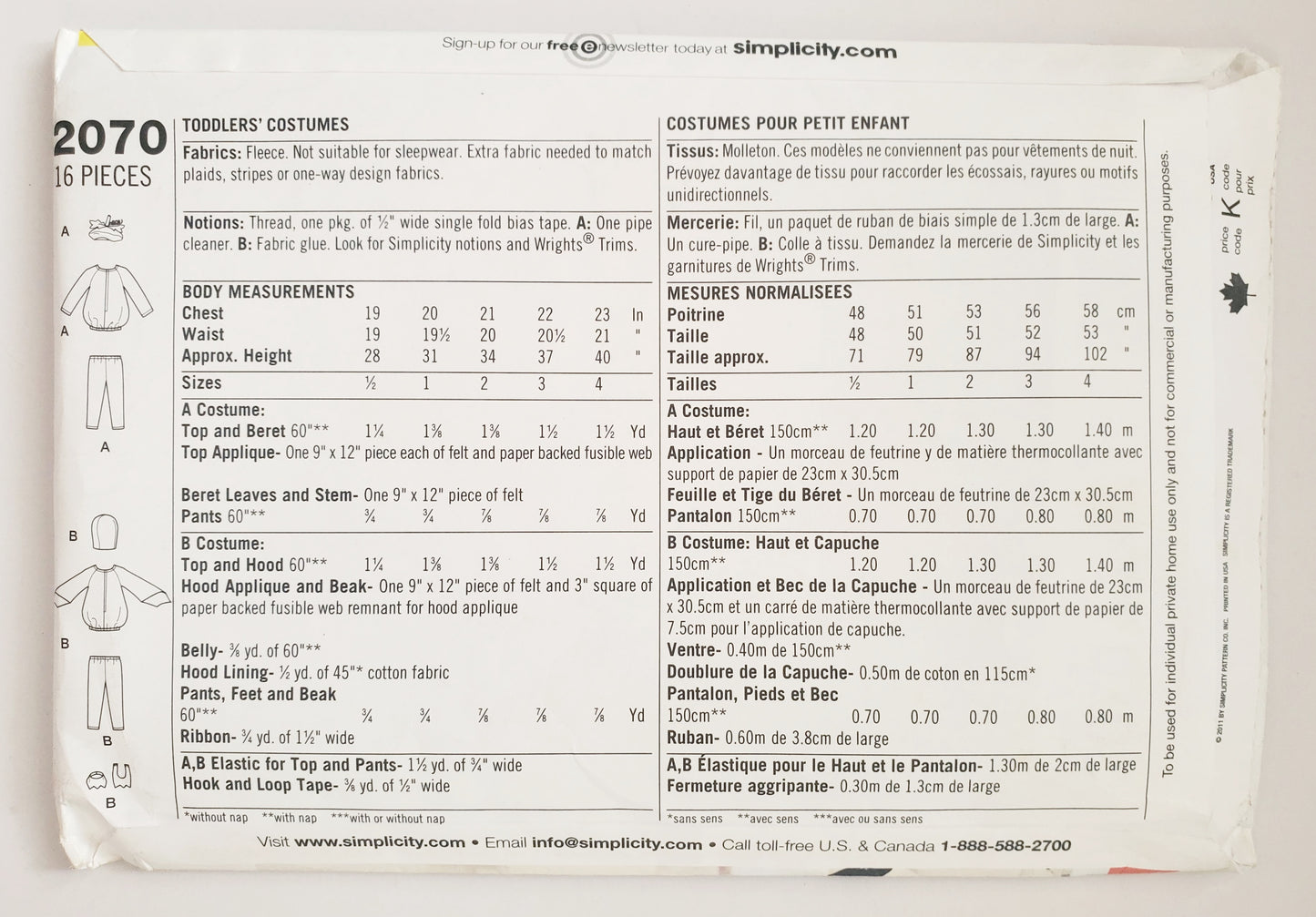 SIMPLICITY Sewing Pattern 2070 Toddler Halloween Costume SIZE 1/2, 1,2,3,4