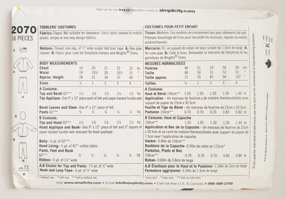 SIMPLICITY Sewing Pattern 2070 Toddler Halloween Costume SIZE 1/2, 1,2,3,4
