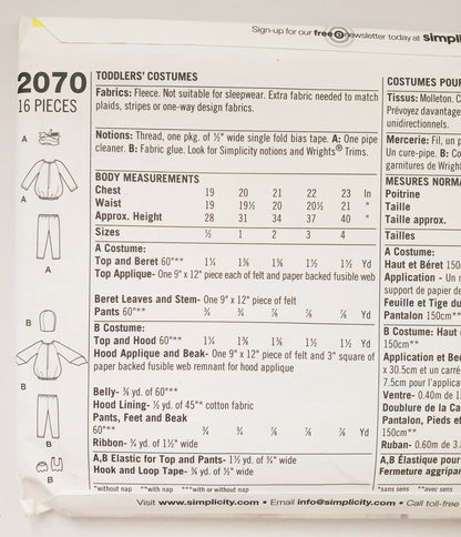 SIMPLICITY Sewing Pattern 2070 Toddler Halloween Costume SIZE 1/2, 1,2,3,4