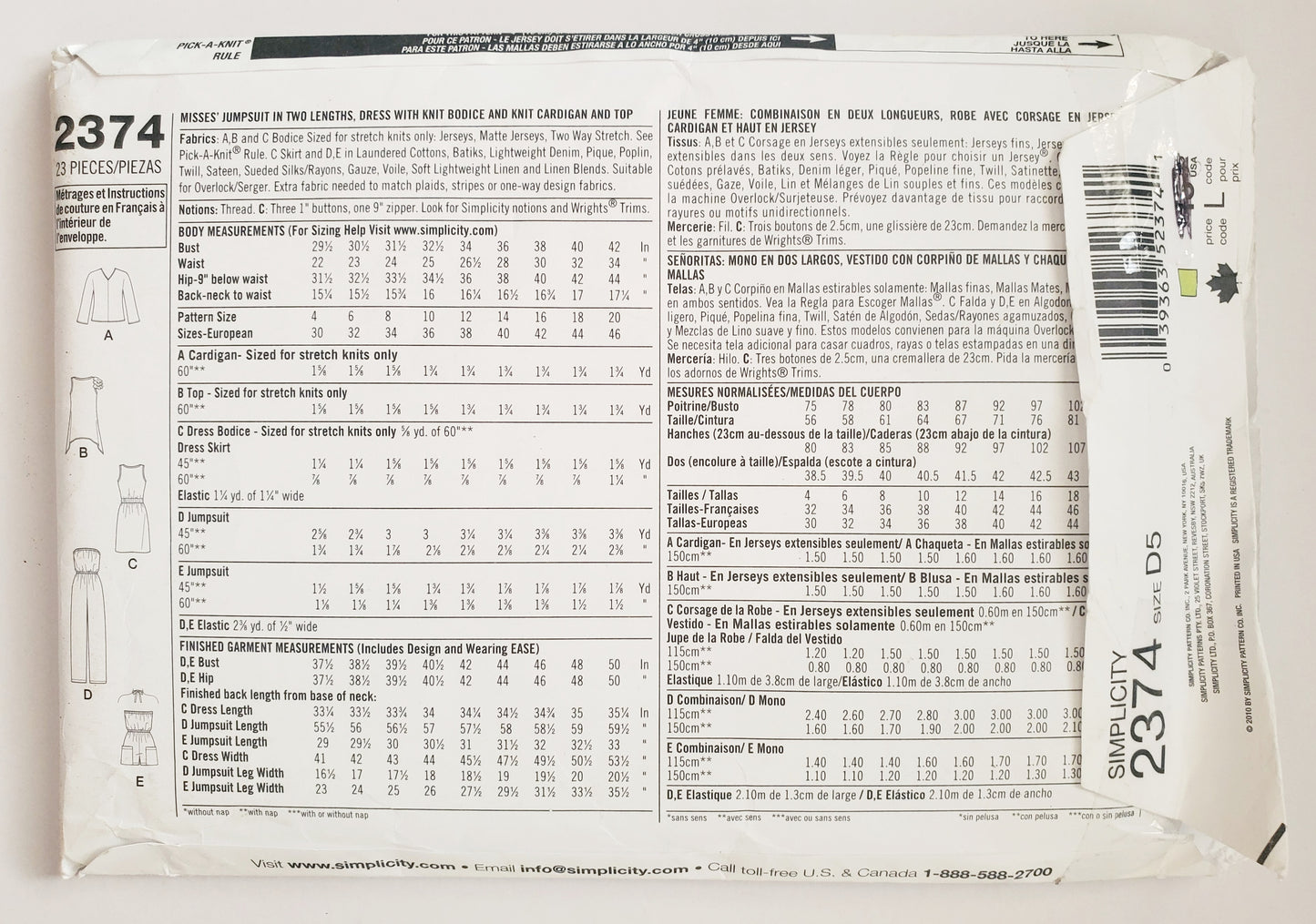 SIMPLICITY Sewing Pattern 2374, Jumpsuit, Dress, Knit Cardigan, Girls, Kids, Size 4-12