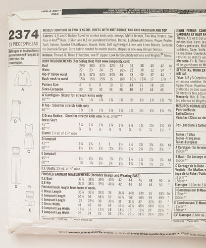 SIMPLICITY Sewing Pattern 2374, Jumpsuit, Dress, Knit Cardigan, Girls, Kids, Size 4-12