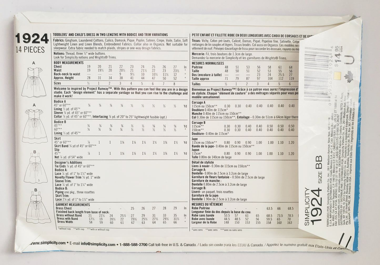 SIMPLICITY Sewing Pattern 1924 Girls Toddlers Dress with Bodice & Trims SIZE 4-8