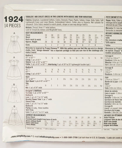 SIMPLICITY Sewing Pattern 1924 Girls Toddlers Dress with Bodice & Trims SIZE 4-8