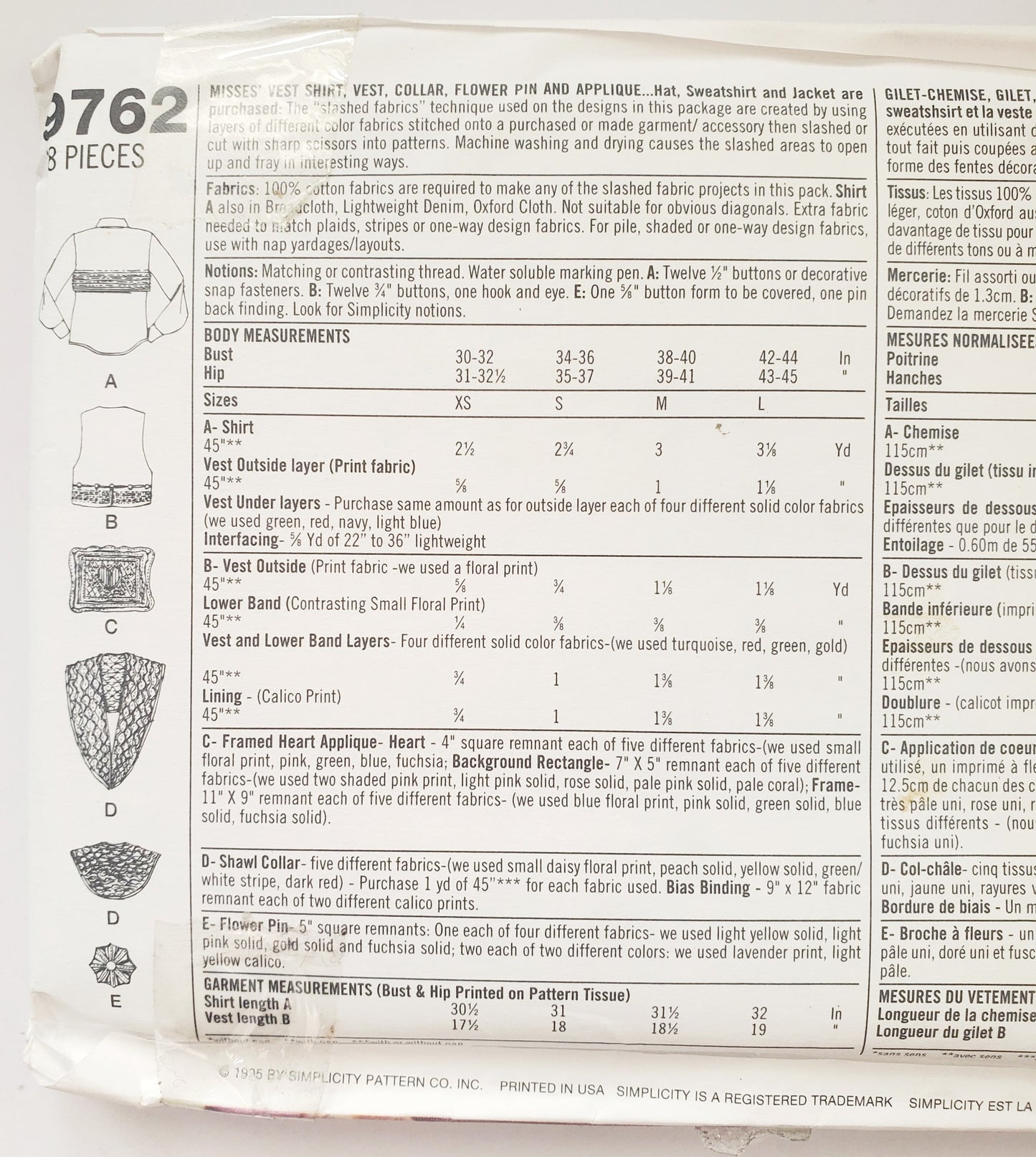 SIMPLICITY Sewing Pattern 9762, Craft, Vest, Shirt, Collar, Flower Pin, Applique, Size XS-L