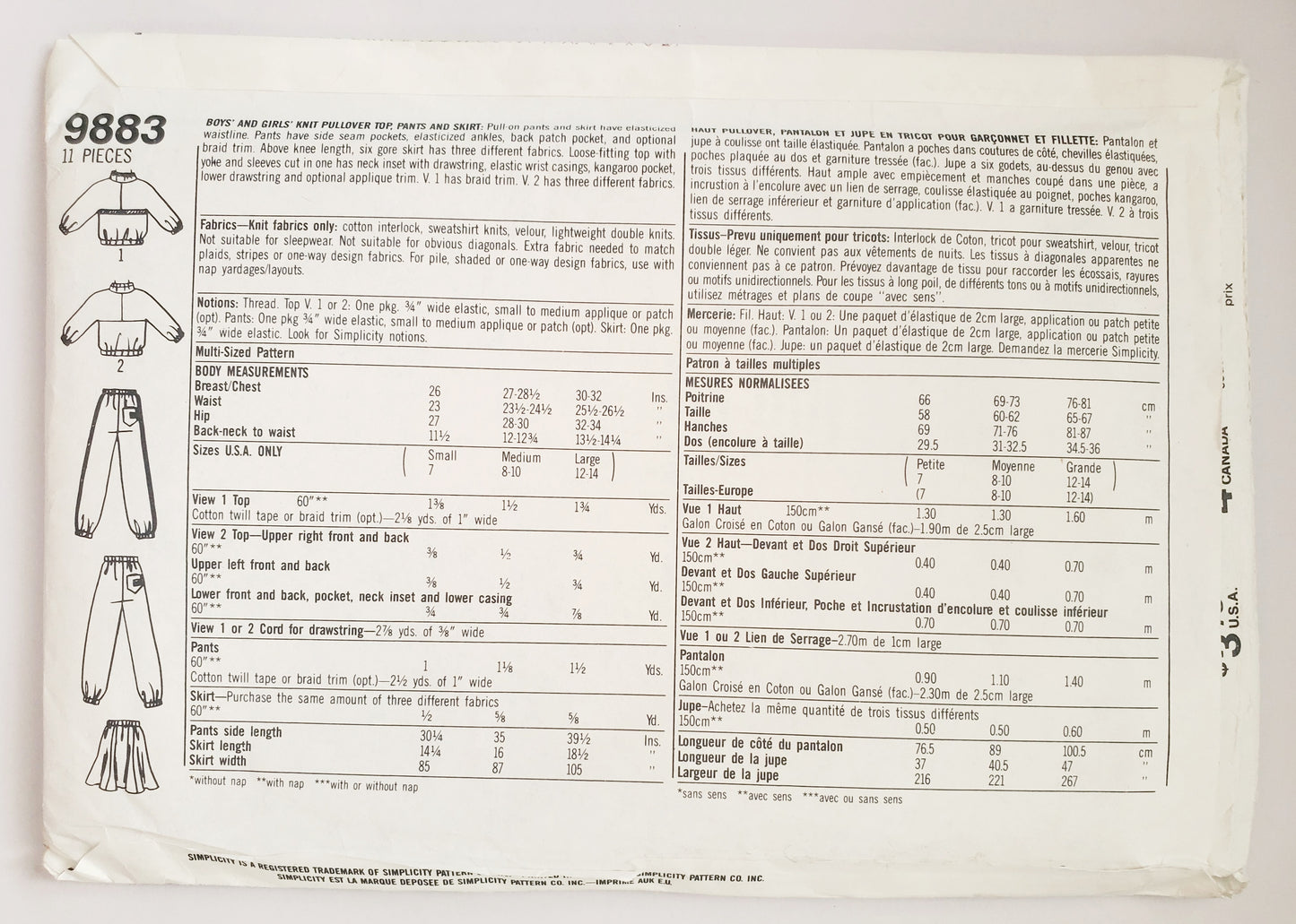 SIMPLICITY Sewing Pattern 9883, Kids, Unisex Knit Pullover Top, Pants, Skirts, Boys, Girls, Size Small - Large