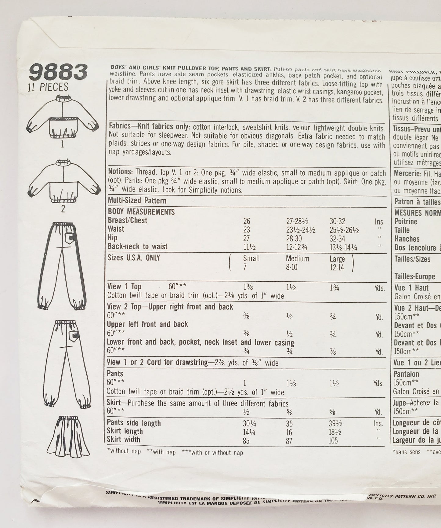SIMPLICITY Sewing Pattern 9883, Kids, Unisex Knit Pullover Top, Pants, Skirts, Boys, Girls, Size Small - Large