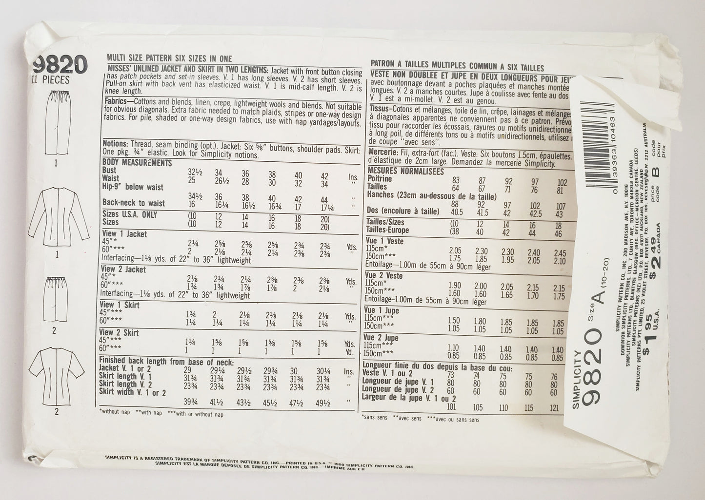 SIMPLICITY Sewing Pattern 9820, Unlined Jacket, Skirt, Skirt in Two Lengths, Size 10-20