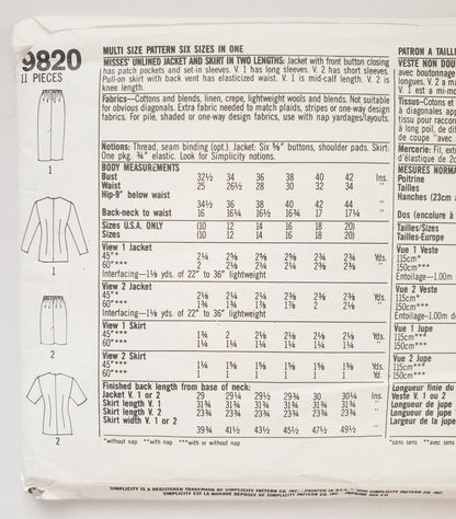 SIMPLICITY Sewing Pattern 9820, Unlined Jacket, Skirt, Skirt in Two Lengths, Size 10-20