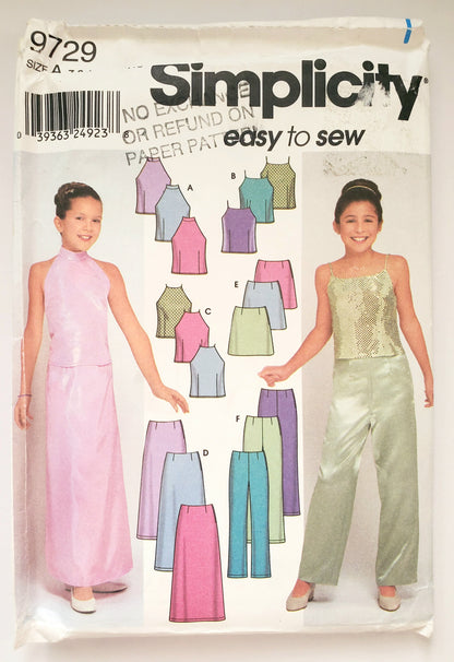 SIMPLICITY Sewing Pattern 9729, Kids, Teens, Girls, Tops, Skirts, Pants, Dance Outfit, Performance Outfit, Special Occasion, Size 7-16
