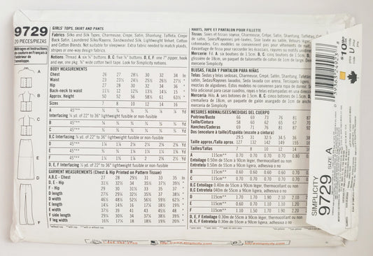 SIMPLICITY Sewing Pattern 9729, Kids, Teens, Girls, Tops, Skirts, Pants, Dance Outfit, Performance Outfit, Special Occasion, Size 7-16