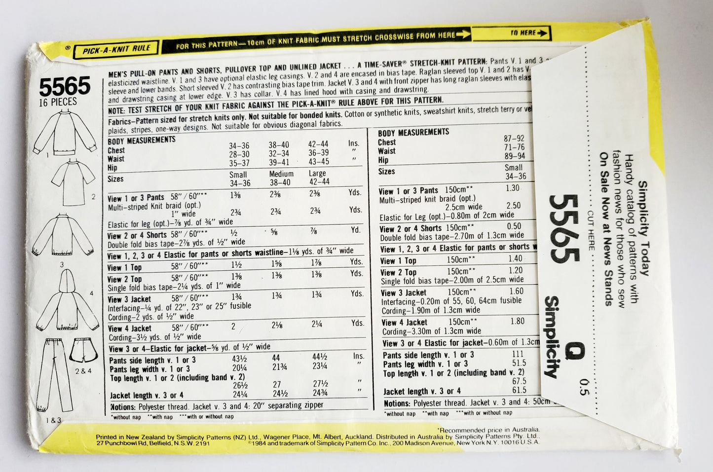 SIMPLICITY Sewing Pattern 5565, Mens, Pants, Shorts, Top, Jacket, Trackpants, Size 38-40