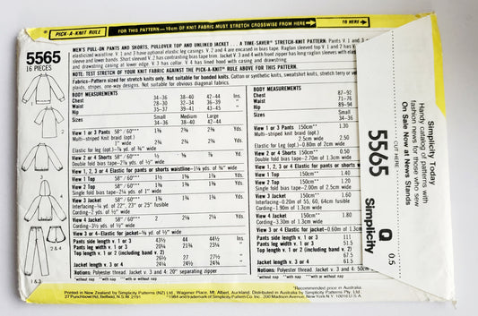 SIMPLICITY Sewing Pattern 5565, Mens, Pants, Shorts, Top, Jacket, Trackpants, Size 38-40