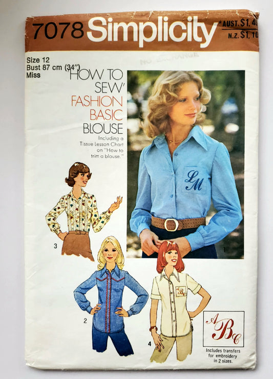 SIMPLICITY Sewing Pattern 7078, Shirt or Blouse, How To Sew, Size 12