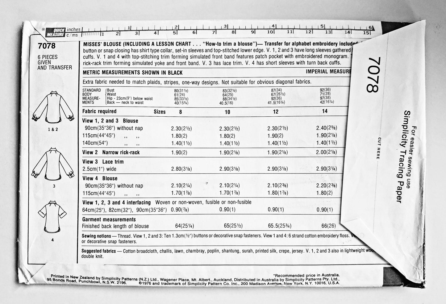 SIMPLICITY Sewing Pattern 7078, Shirt or Blouse, How To Sew, Size 12