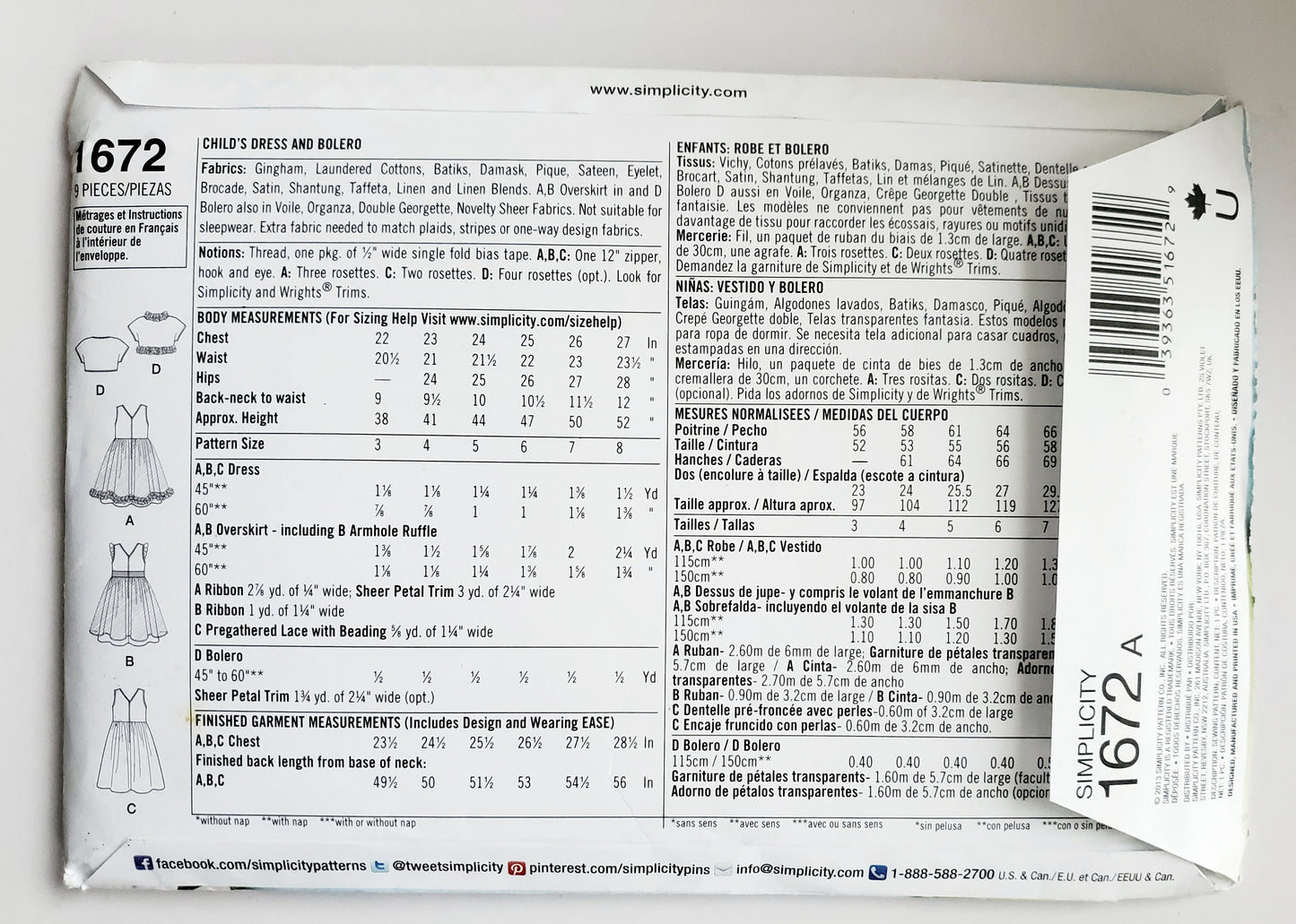 SIMPLICITY Sewing Pattern 1672 Child's Dress and Bolero, Disney Fairies, Girls SIZE 3-8